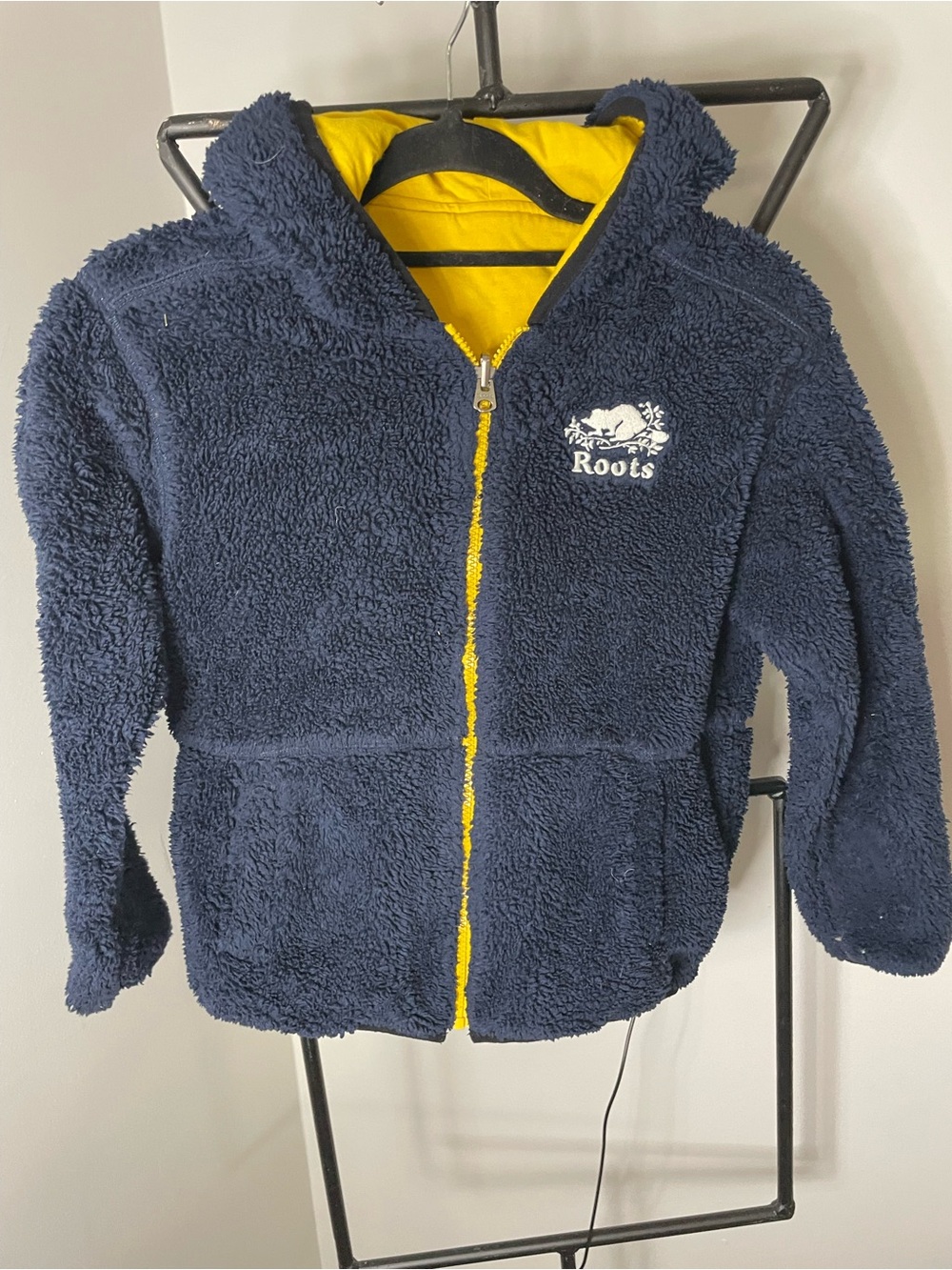 Roots Kids Navy Blue Hooded Sherpa Jacket with Yellow Lining